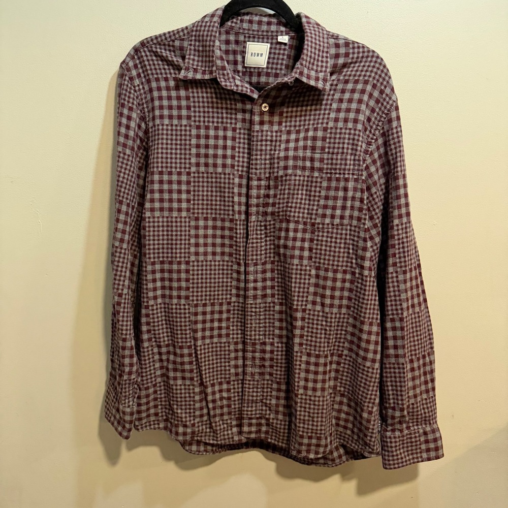 ROWM Mens Long Sleeve Button Down Shirt‎ Burgundy Grey Patchwork Plaid Large